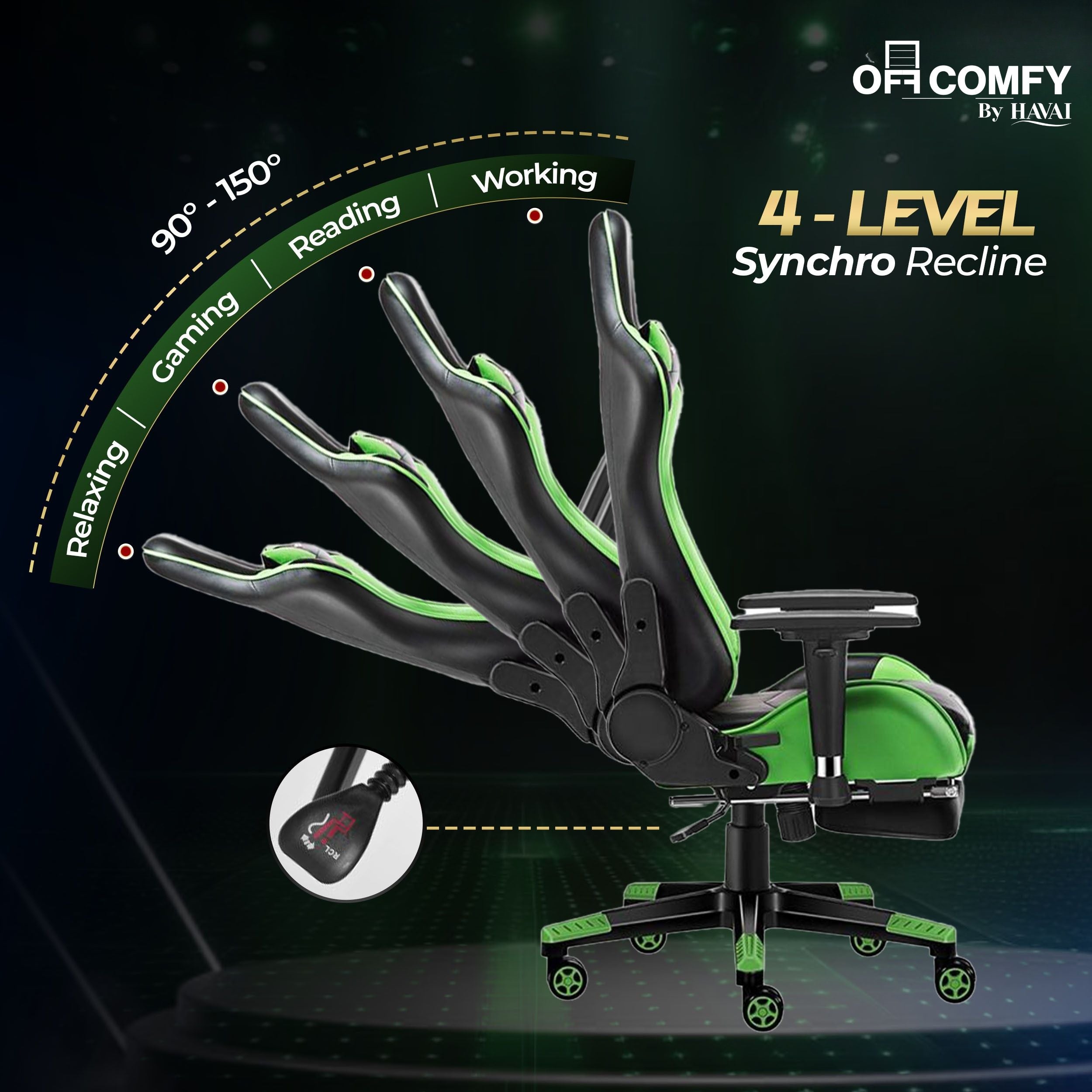 HAVAI Vortex GREEN Gaming Chair | Ergonomic High Back Computer Chair with Linkage Armrests | Reclining &amp; Folding Backrest | Premium 0.55mm PVC Upholstery | High Density Foam Cushion | Class 1 Gas Lift | 320mm Nylon Base | (Green &amp; Black)