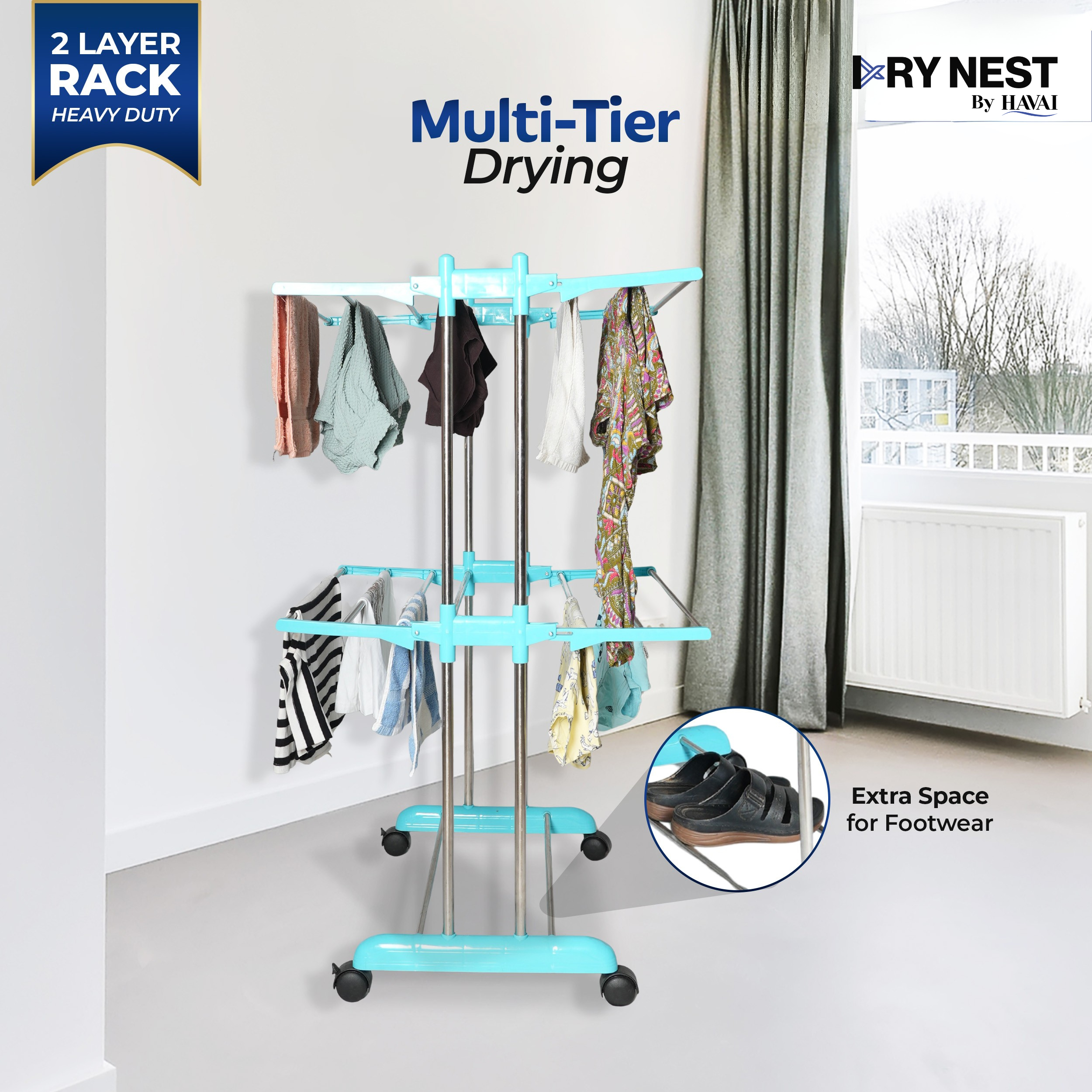 HAVAI DryNest 3.7 KG Premium Clothes Drying Stand with Wheels | Heavy-Duty Rust-Free Steel &amp; Strong Steel Rods | 2-Layer Foldable Jumbo Rack | Portable &amp; Balcony-Friendly