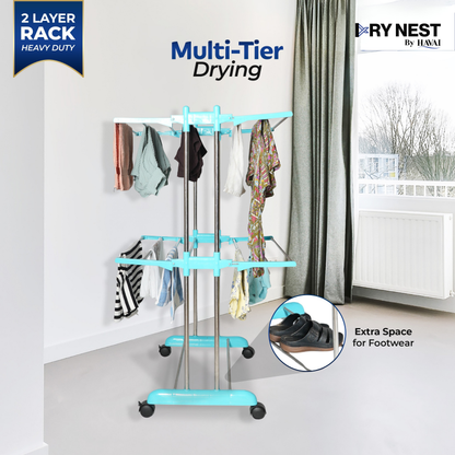 HAVAI DryNest 3.7 KG Premium Clothes Drying Stand with Wheels | Heavy-Duty Rust-Free Steel &amp; Strong Steel Rods | 2-Layer Foldable Jumbo Rack | Portable &amp; Balcony-Friendly