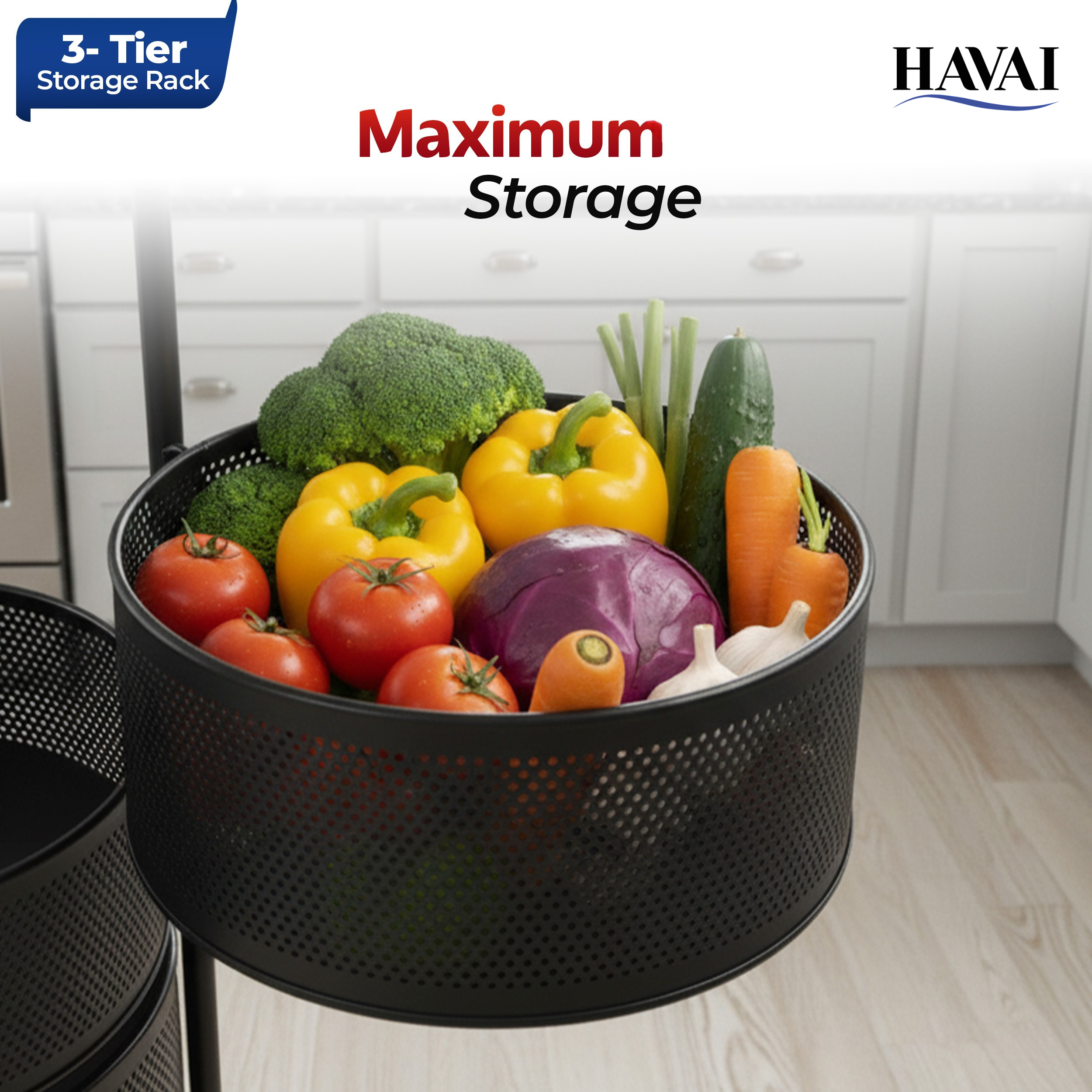 Havai 3 Tier Round Rolling Kitchen Storage Rack | Sturdy Metal Frame | Space-Saving Utility Shelf – Black