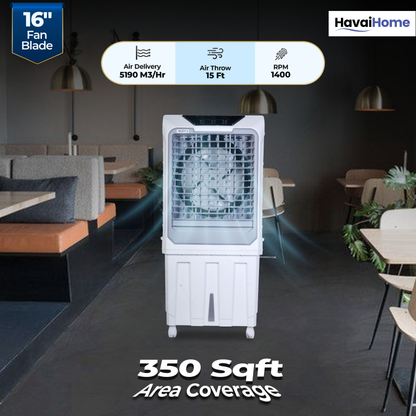 HAVAI Mighty 16 Desert Air Cooler | 16 Inch Special Bent-Edge Blade, 100L Tank, 5190 m³/hr Air Delivery | Covers 350 Sq Ft | Honeycomb Pads, Aluminium Motor, Closed Louvers, Wheels | White &amp; Grey