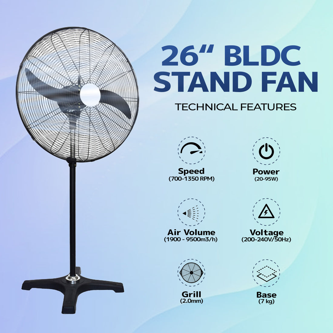 BLDC Pedestal Fan 26 inch, 50% Savings on Electricity, High Velocity, Heavy Duty Metal for Industrial, Commercial and Residential Use, Assembly Included
