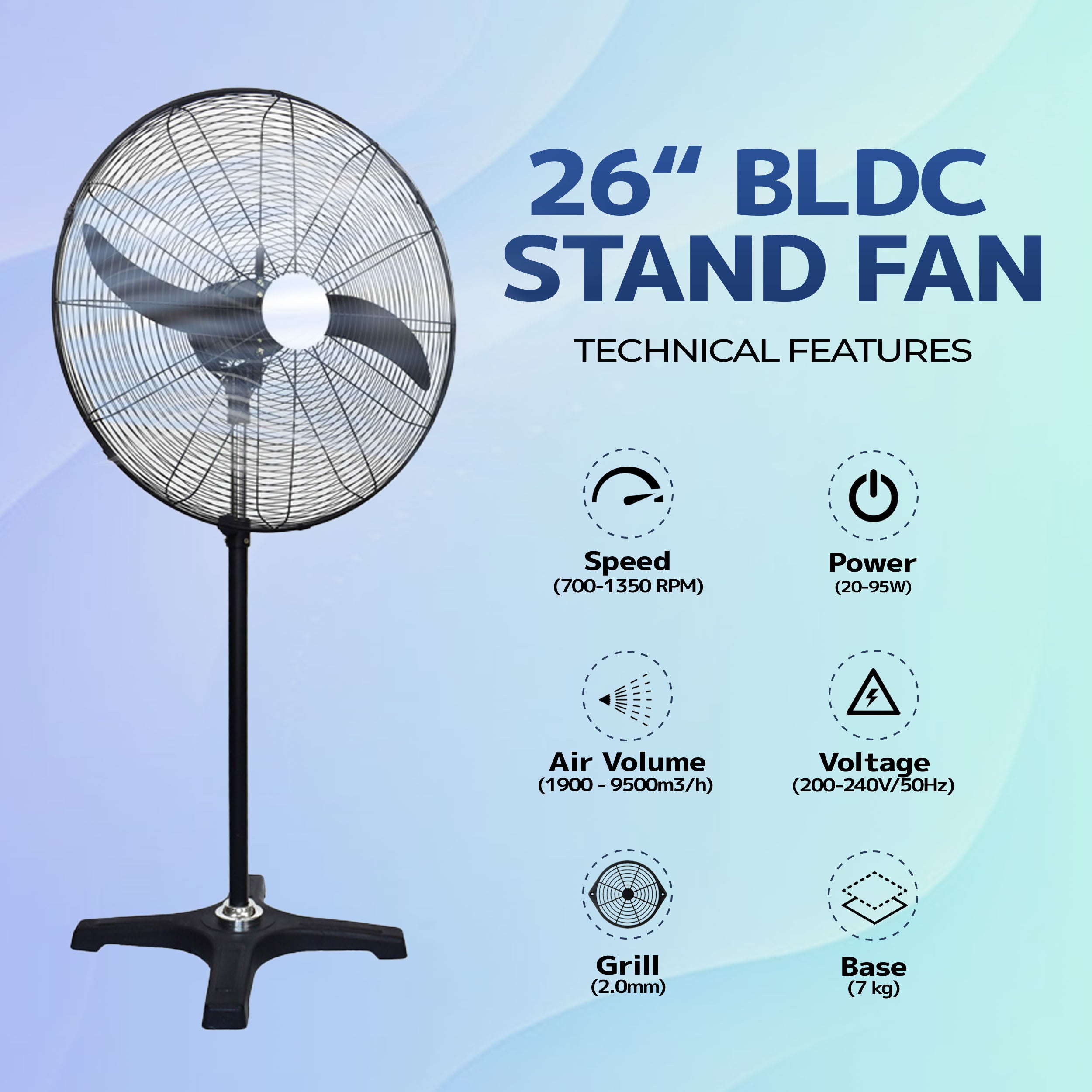 BLDC Pedestal Fan 26 inch, 50% Savings on Electricity, High Velocity, Heavy Duty Metal for Industrial, Commercial and Residential Use, Assembly Included