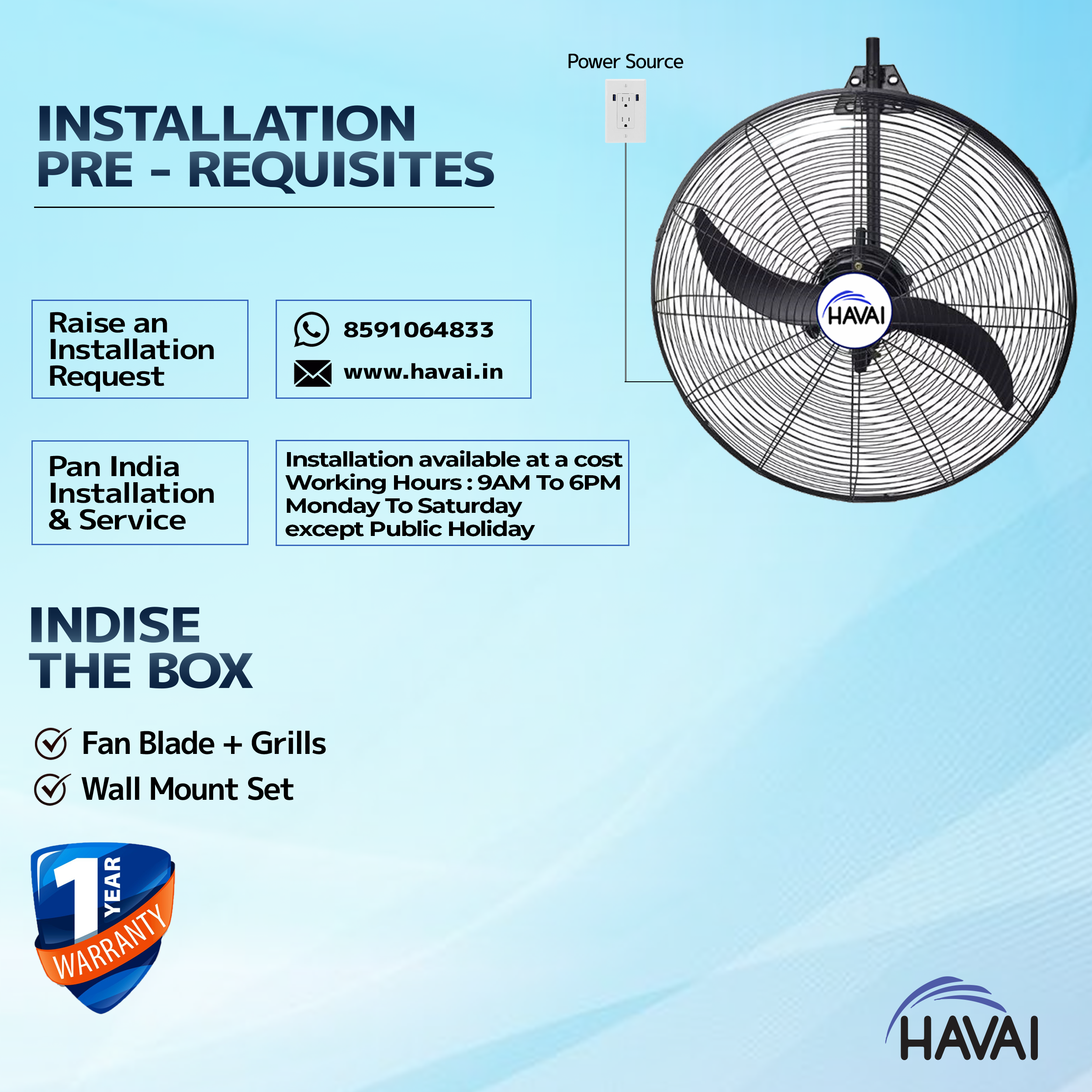 HAVAI BLDC Wall Mount Fan 26 inch, 50% Savings on Electricity, High Velocity, Heavy Duty Metal for Industrial, Commercial and Residential Use, Assembly Included