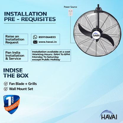 HAVAI BLDC Wall Mount Fan 26 inch, 50% Savings on Electricity, High Velocity, Heavy Duty Metal for Industrial, Commercial and Residential Use, Assembly Included