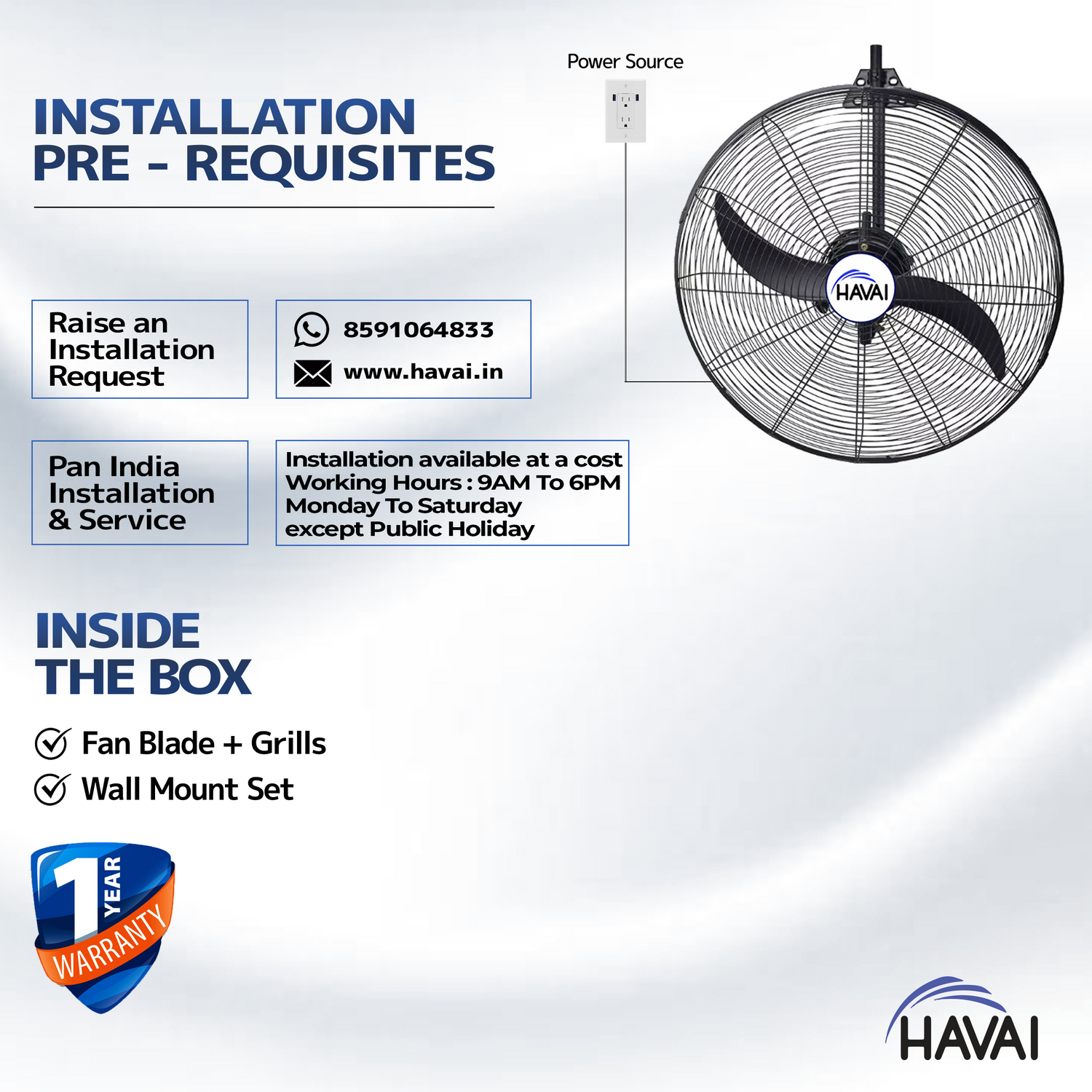 Havai BLDC Wall Mount Fan 30 Inch, 50% Savings On Electricity, High Velocity, Heavy Duty Metal For Industrial, Commercial And Residential Use, Assembly Included , Black