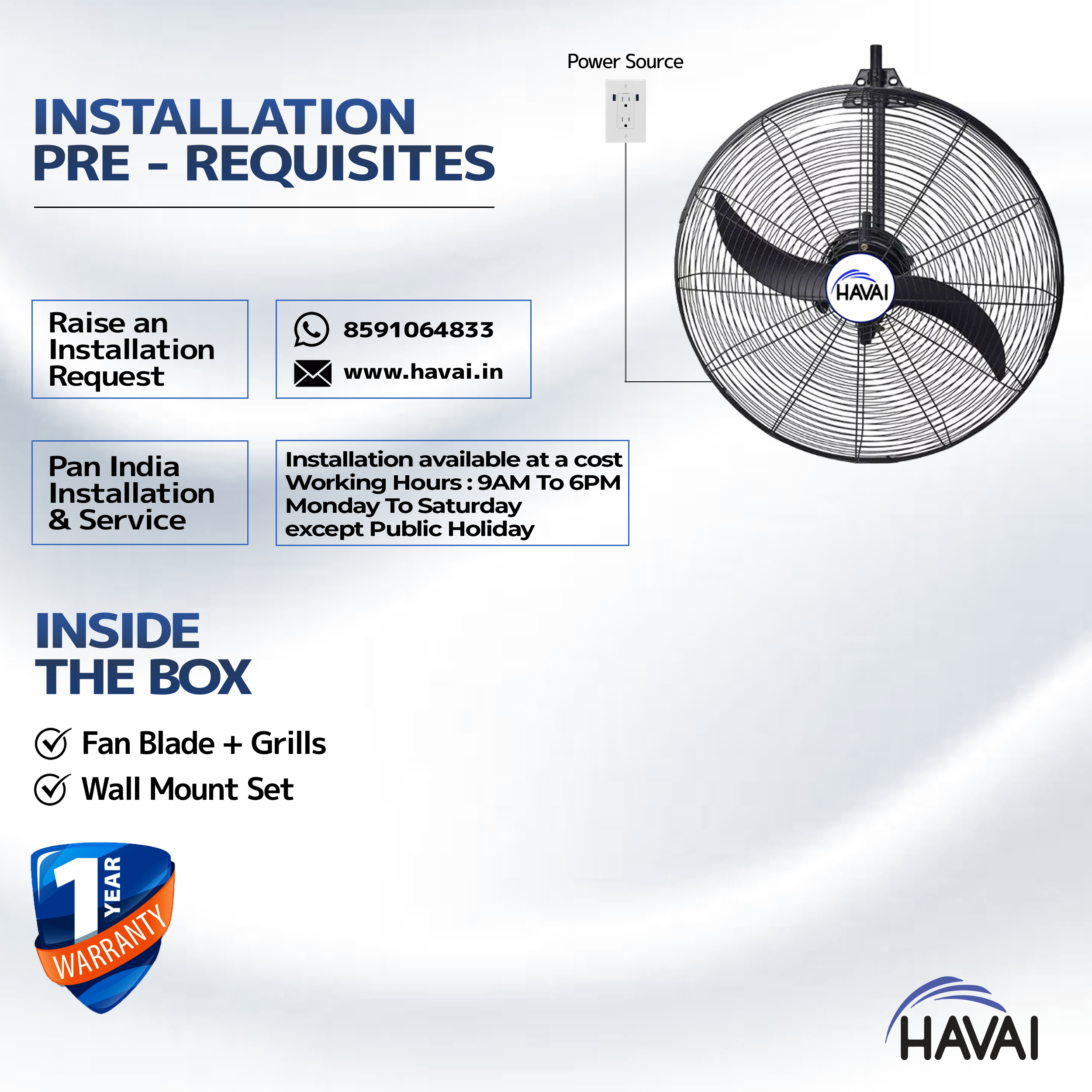 Havai BLDC Wall Mount Fan 30 Inch, 50% Savings On Electricity, High Velocity, Heavy Duty Metal For Industrial, Commercial And Residential Use, Assembly Included , Black