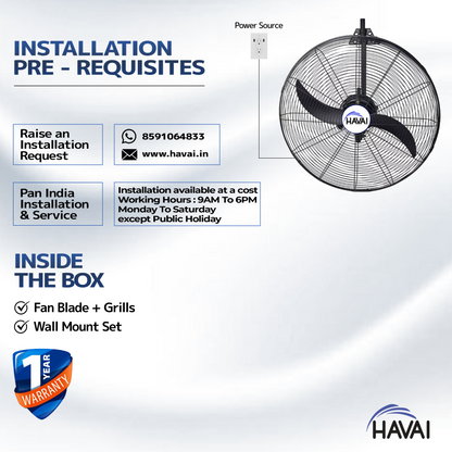Havai BLDC Wall Mount Fan 30 Inch, 50% Savings On Electricity, High Velocity, Heavy Duty Metal For Industrial, Commercial And Residential Use, Assembly Included , Black