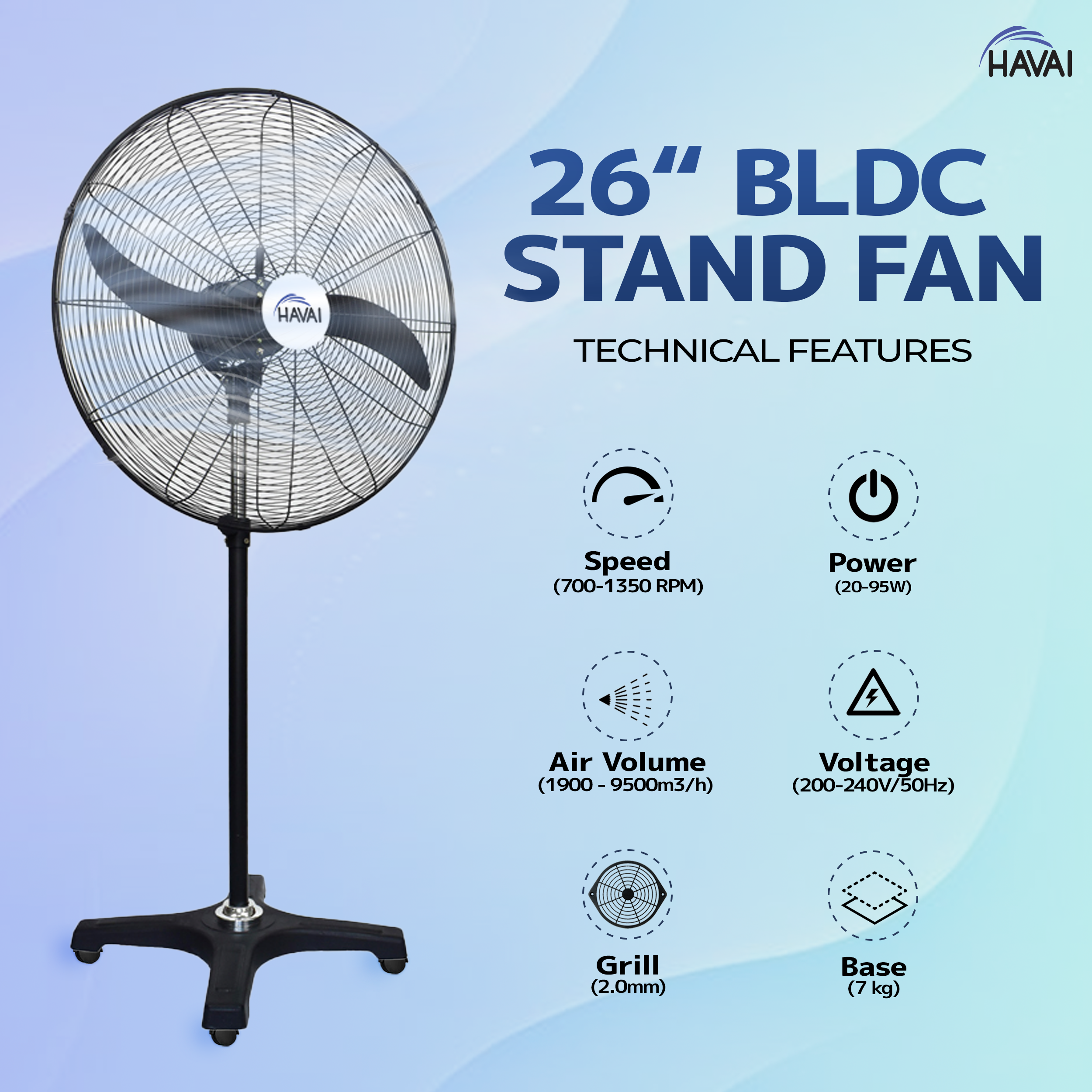 HAVAI BLDC Pedestal Fan 26 inch, 50% Savings on Electricity, High Velocity, Heavy Duty Metal for Industrial, Commercial and Residential Use, Assembly Included