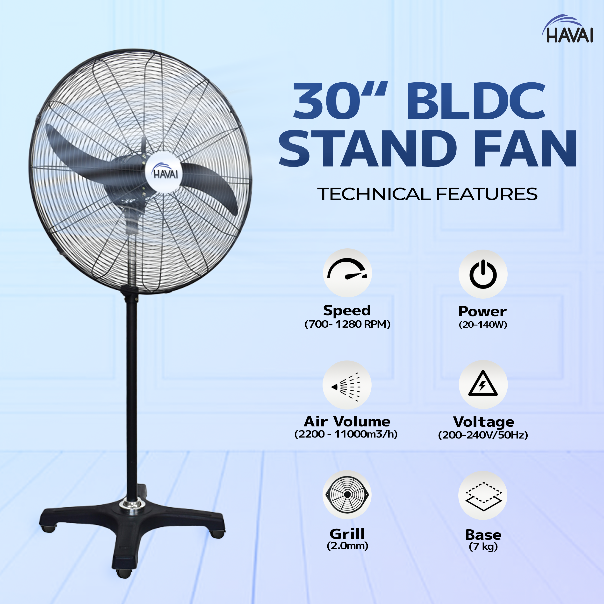 Havai BLDC Pedestal Fan 30 Inch, 50% Savings On Electricity, High Velocity, Heavy Duty Metal For Industrial, Commercial And Residential Use, Assembly Included , Black