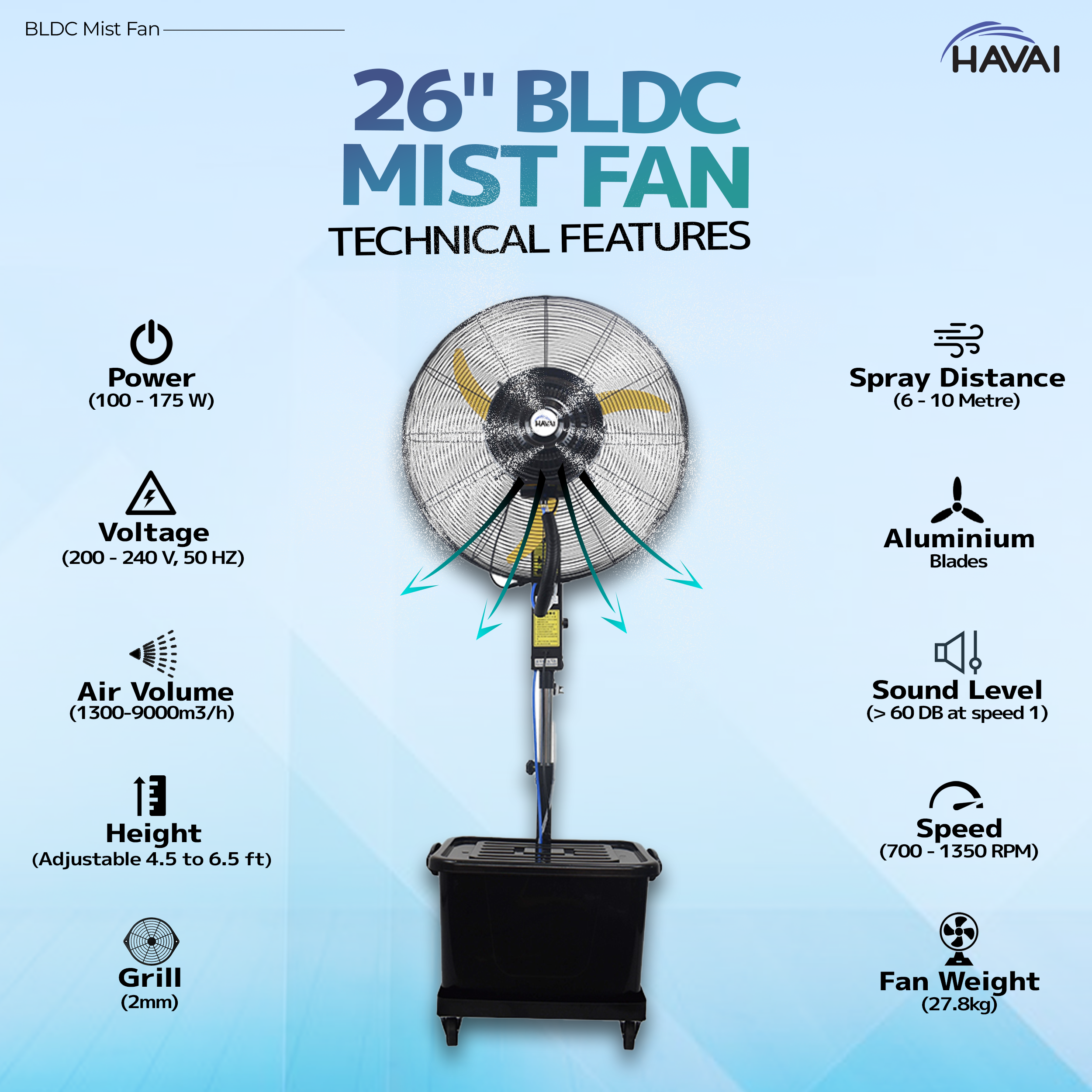 HAVAI BLDC Mist Fan 26 inch with Adjustable Rod, 41 Litre Tank, Assembly Included