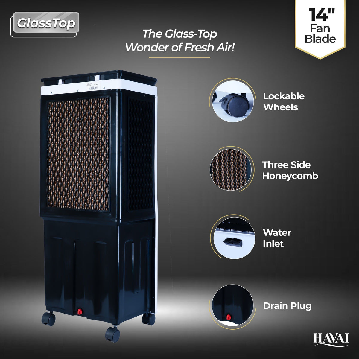 HAVAI Premium Glass Top GT 14 Air Cooler | 60L Tank Capacity | 14" Fan Blade | 170W Power | 20ft Air Throw | 3-Side Honeycomb Cooling | Sleek Glass Top Design | 4 Castor Wheels