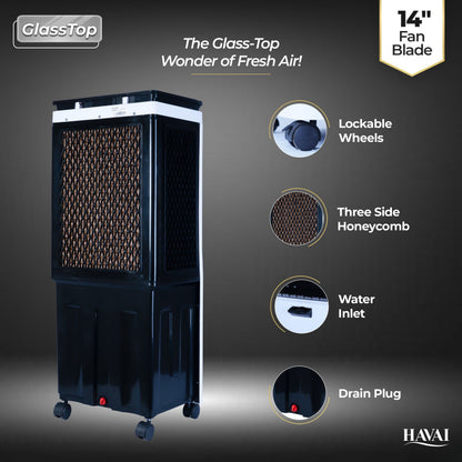 HAVAI Premium Glass Top GT 14 Air Cooler | 60L Tank Capacity | 14" Fan Blade | 170W Power | 20ft Air Throw | 3-Side Honeycomb Cooling | Sleek Glass Top Design | 4 Castor Wheels