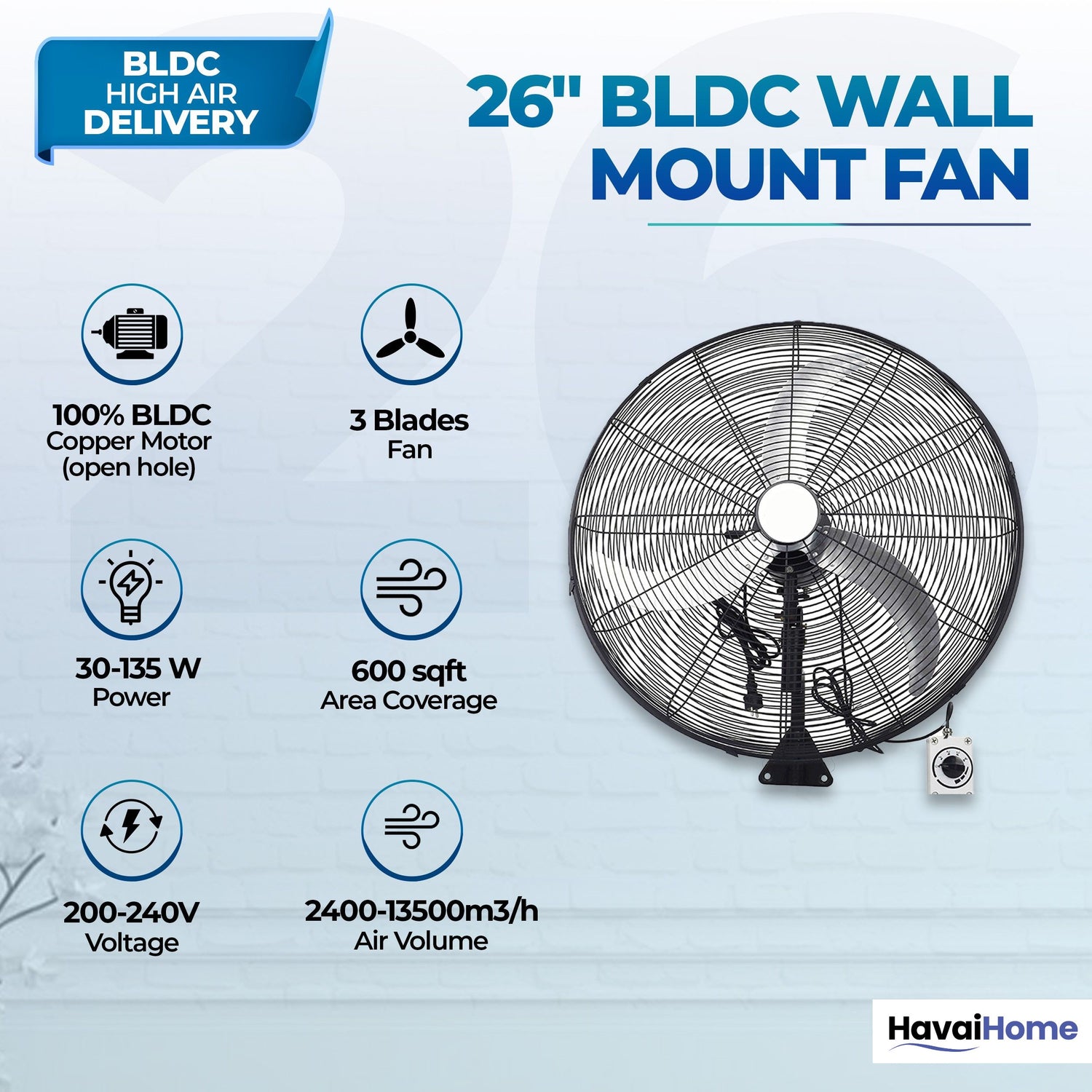 26" BLDC High-Speed Wall-Mount Fan – 3-Blade Design, Energy Efficient (20W-135W), 700-1400 RPM, 13,500 M³/Hr Airflow, 60-Foot Air Throw, 4-Speed Control, 2-Year Warranty