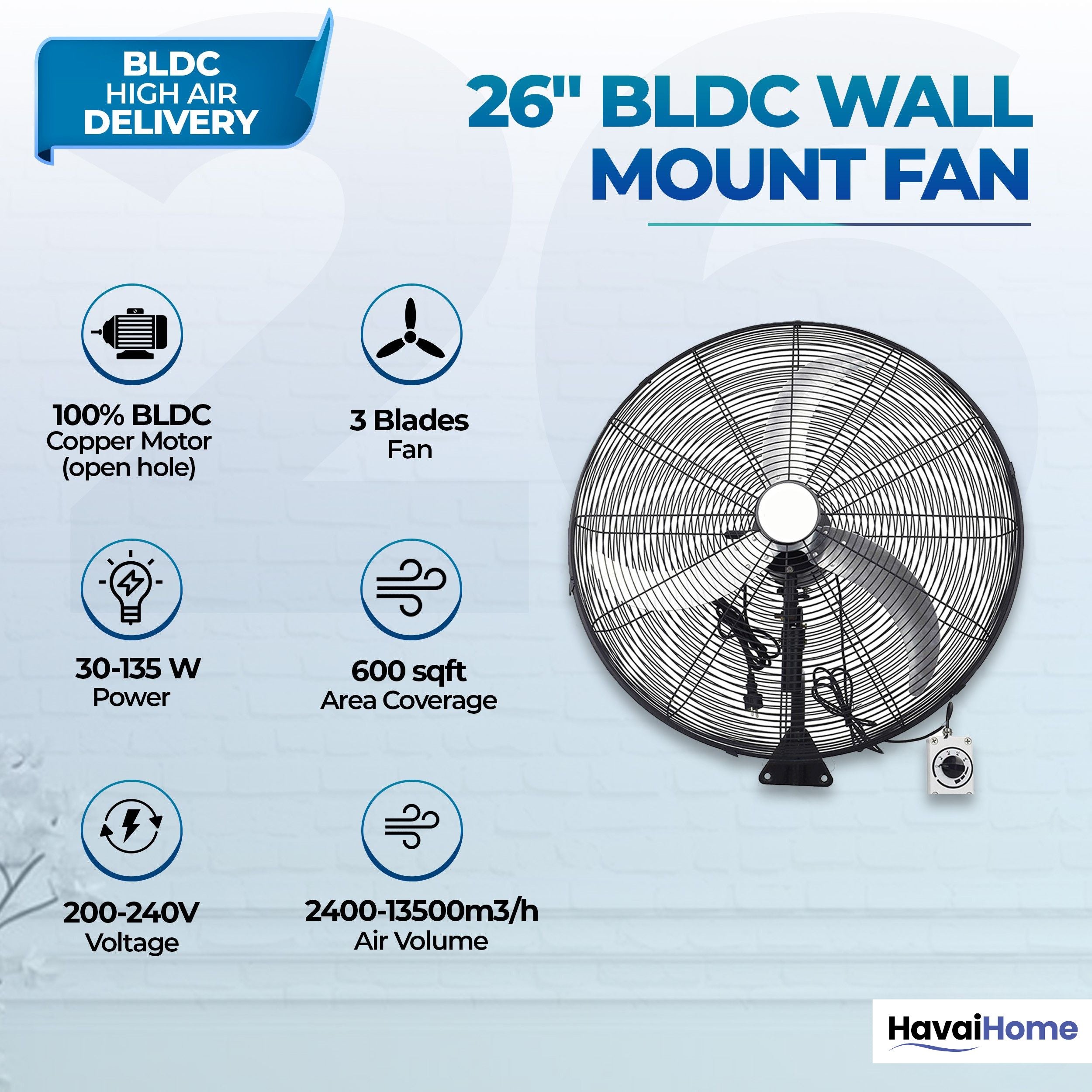 26" BLDC High-Speed Wall-Mount Fan – 3-Blade Design, Energy Efficient (20W-135W), 700-1400 RPM, 13,500 M³/Hr Airflow, 60-Foot Air Throw, 4-Speed Control, 2-Year Warranty