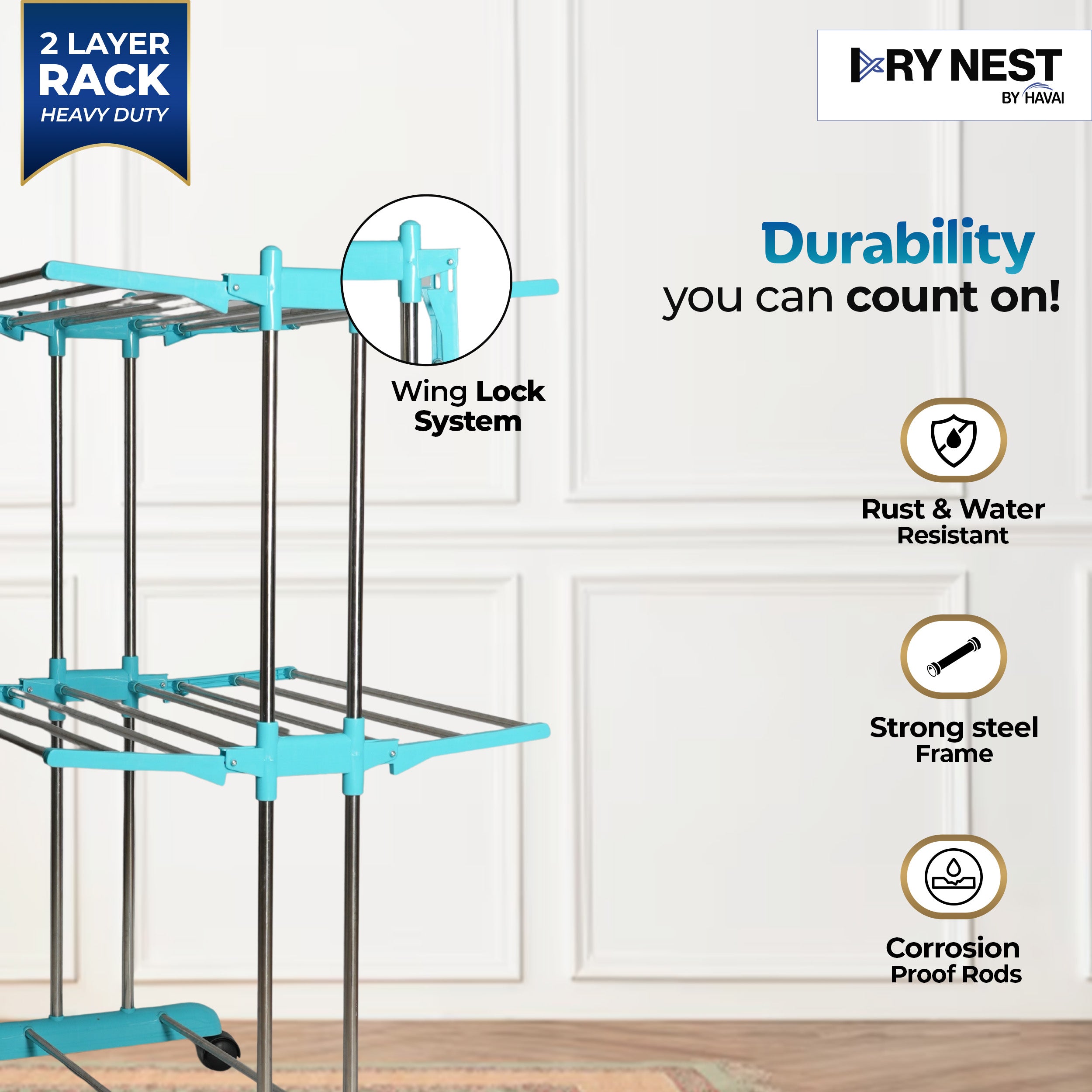 HAVAI DryNest 3.7 KG Premium Clothes Drying Stand with Wheels | Heavy-Duty Rust-Free Steel &amp; Strong Steel Rods | 2-Layer Foldable Jumbo Rack | Portable &amp; Balcony-Friendly
