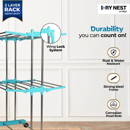 HAVAI DryNest 3.7 KG Premium Clothes Drying Stand with Wheels | Heavy-Duty Rust-Free Steel &amp; Strong Steel Rods | 2-Layer Foldable Jumbo Rack | Portable &amp; Balcony-Friendly