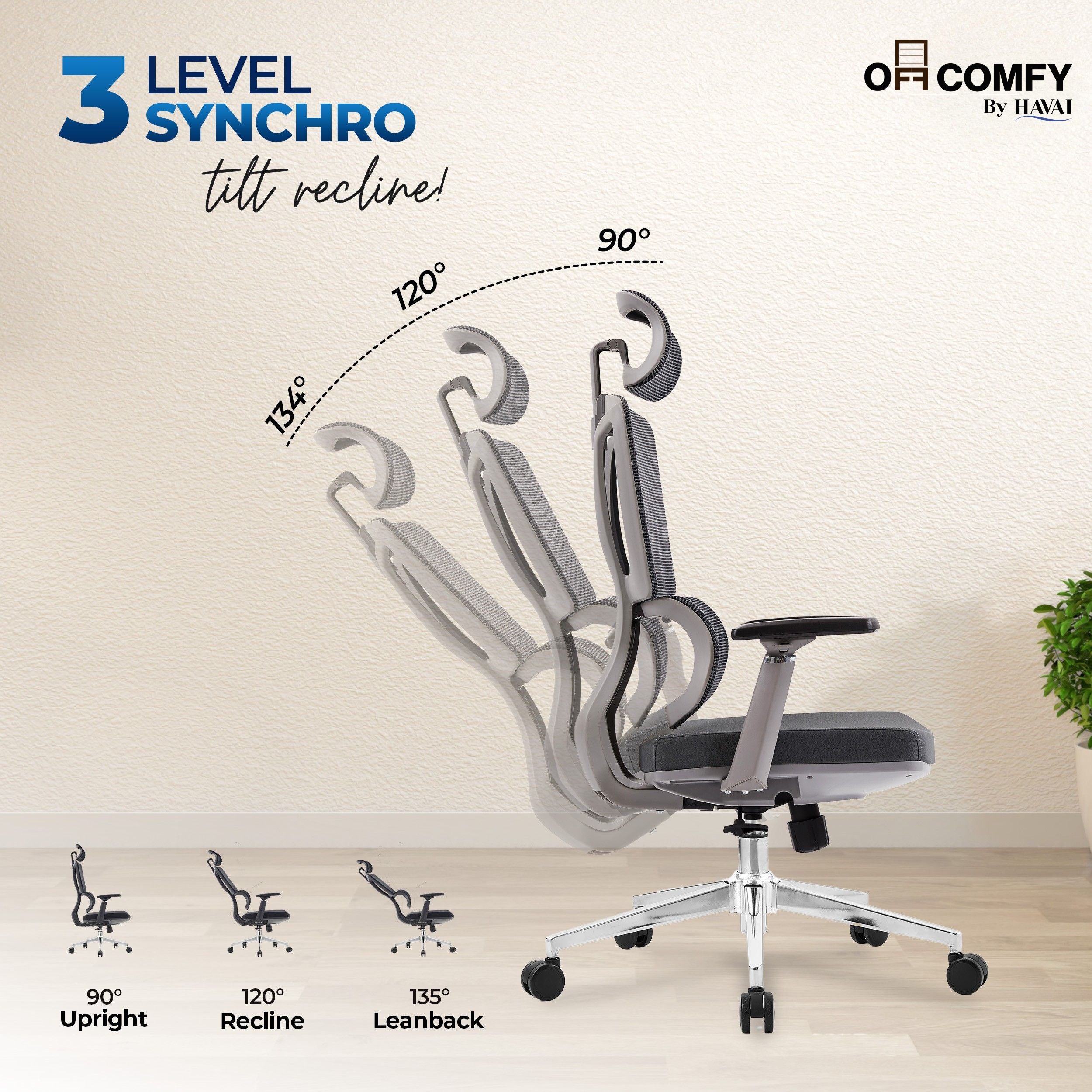 HAVAI Neo High Back Ergonomic Mesh Office Chair |  Multi-Lock Mechanism | Chrome Base | 3D Armrests with PU Pads  | Adjustable Headrest | Breathable Mesh Back (Grey)