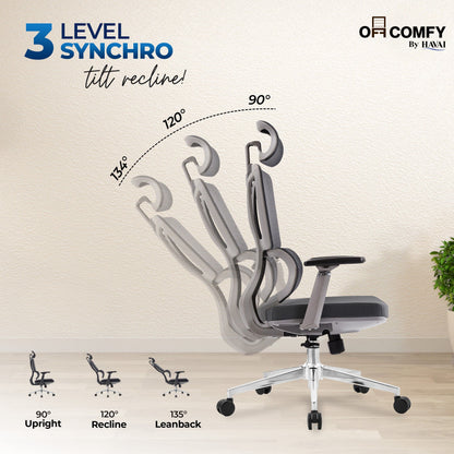 HAVAI Neo High Back Ergonomic Mesh Office Chair |  Multi-Lock Mechanism | Chrome Base | 3D Armrests with PU Pads  | Adjustable Headrest | Breathable Mesh Back (Grey)