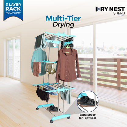 HAVAI DryNest 5.2 KG Premium Clothes Drying Stand with Wheels | Heavy-Duty Rust-Free Steel &amp; Strong Steel Rods | 3-Layer Foldable Jumbo Rack | Portable &amp; Balcony-Friendly