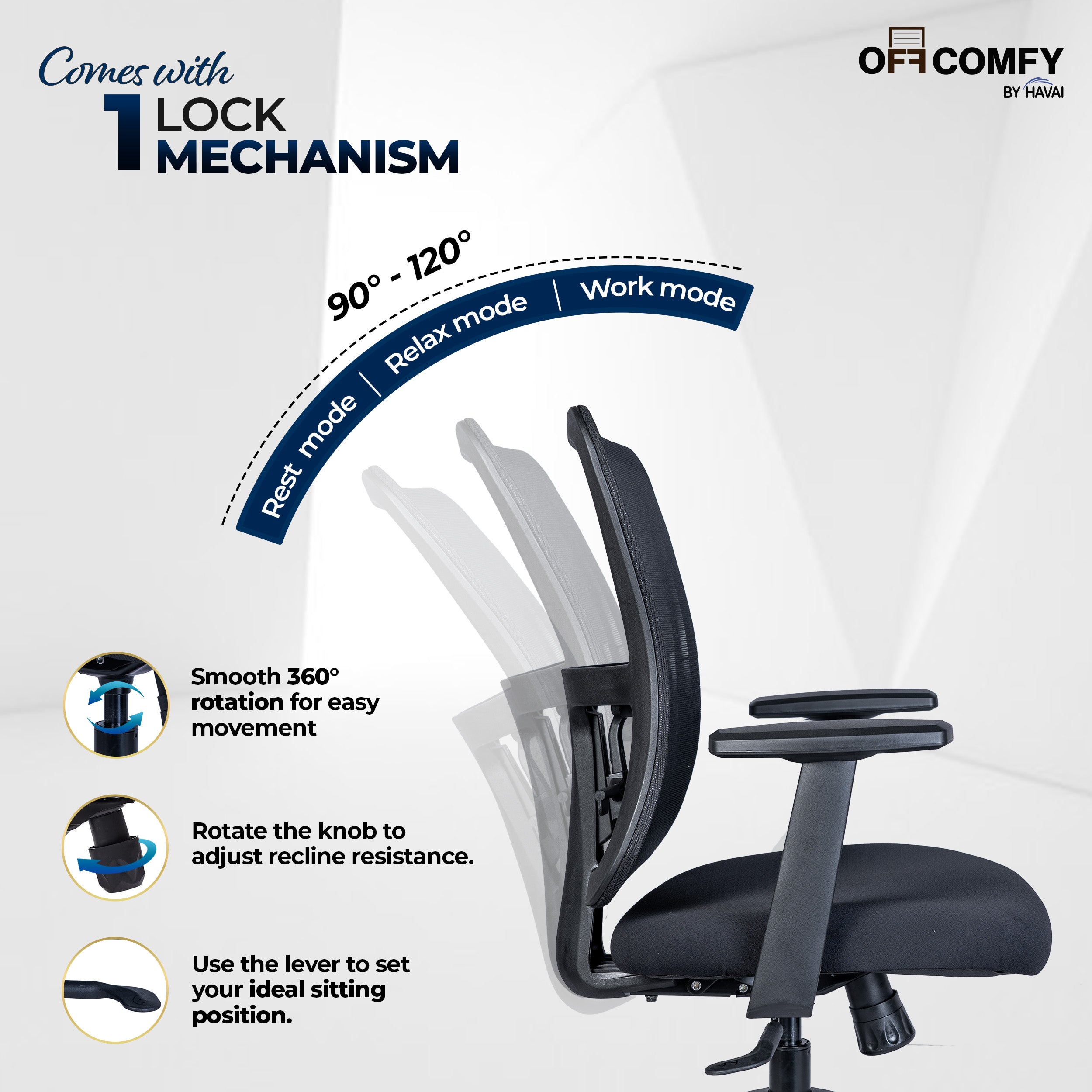 HAVAI Off-Comfy Alpha Black Ergonomic Office Chair | Yuva Mesh Back | Adjustable Lumbar Support | 1D Armrest with PP Pad | Synchro Tilt with Lock | Class 4 Gaslift | Nylon Base &amp; 60mm Castors