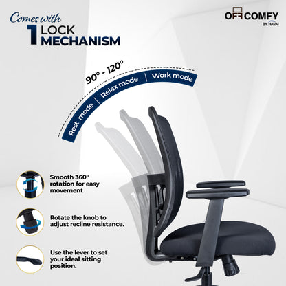 HAVAI Off-Comfy Alpha Black Ergonomic Office Chair | Yuva Mesh Back | Adjustable Lumbar Support | 1D Armrest with PP Pad | Synchro Tilt with Lock | Class 4 Gaslift | Nylon Base &amp; 60mm Castors
