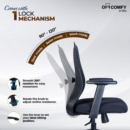 HAVAI Off-Comfy Hive Black Ergonomic Office Chair | 1D Adjustable Lumbar | Fixed Arms with PP Pad | Synchro Tilt &amp; Lock |Class 4 Gaslift | Nylon Base | 60mm Castors
