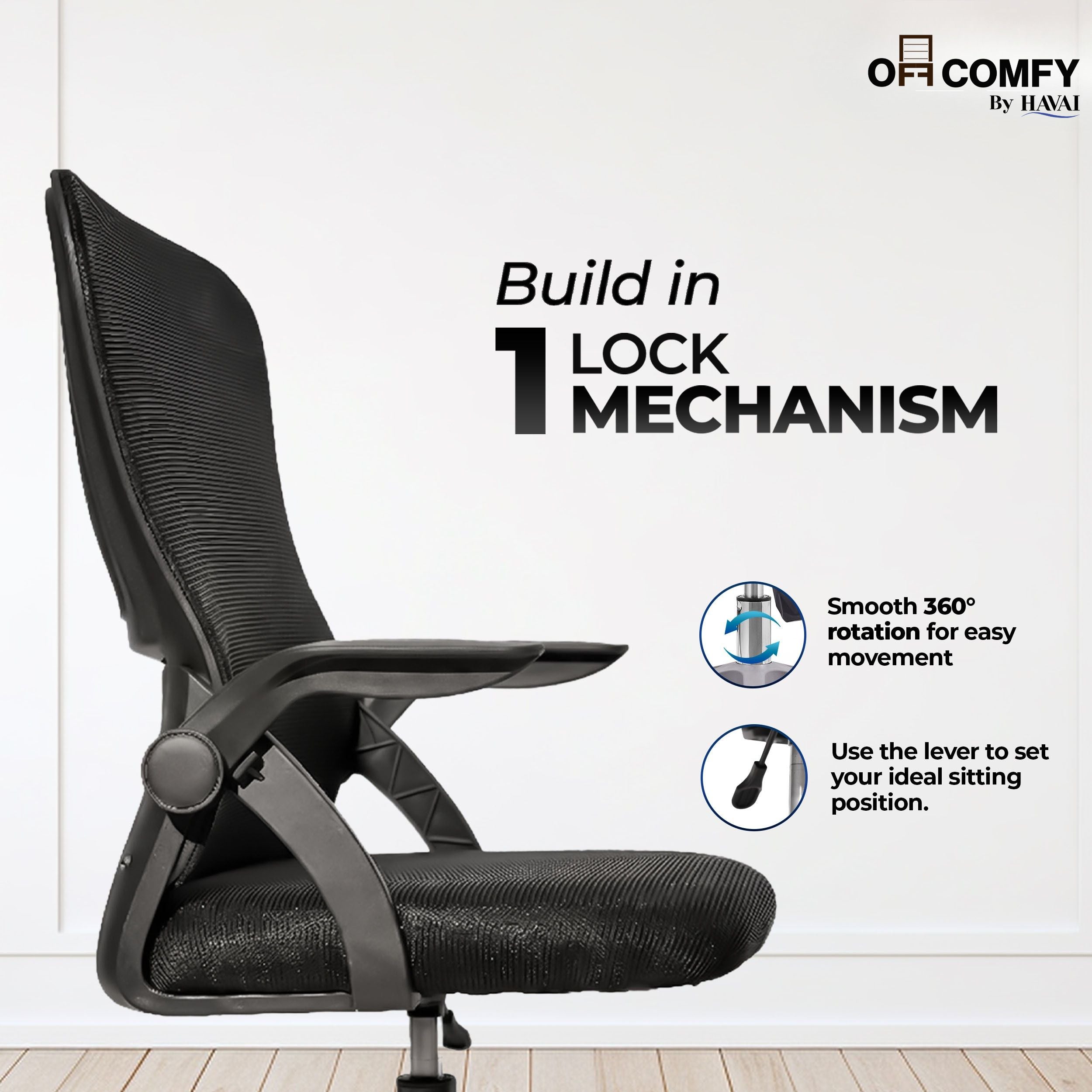 HAVAI Aero Black Ergonomic Office Chair | Premium Net Cloth Fabric | Reclining &amp; Folding Back | 60D Recycled Foam + 24D Virgin Cotton | Nylon Armrests | Class 2 Gas Lift | 310 Nylon Base | 2-Inch Smooth Wheels