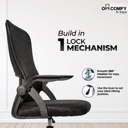 HAVAI Aero Black Ergonomic Office Chair | Premium Net Cloth Fabric | Reclining &amp; Folding Back | 60D Recycled Foam + 24D Virgin Cotton | Nylon Armrests | Class 2 Gas Lift | 310 Nylon Base | 2-Inch Smooth Wheels