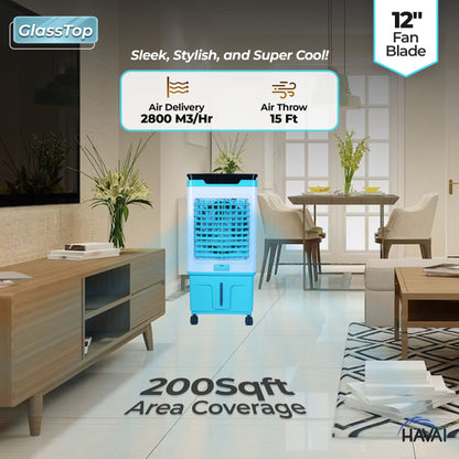 HAVAI Premium Glass Top GT 12 | 12&quot; Fan Blade | 40 Litre Tank Capacity | 160W Power | 15ft Air Throw | 3-Side Honeycomb Cooling | Sleek Glass Top Design | 4 Castor Wheels (BLUE)