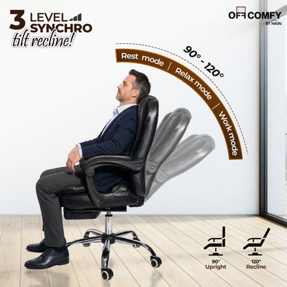HAVAI Comfexa Executive Office Chair | Premium Recliner Chair with Footrest | Ergonomic High Back Cushion | PVC Leather Finish | Reclining &amp; Folding Mechanism | Class 2 Gas Lift | Nylon Base | Heavy Duty Office &amp; WFH Chair | Black