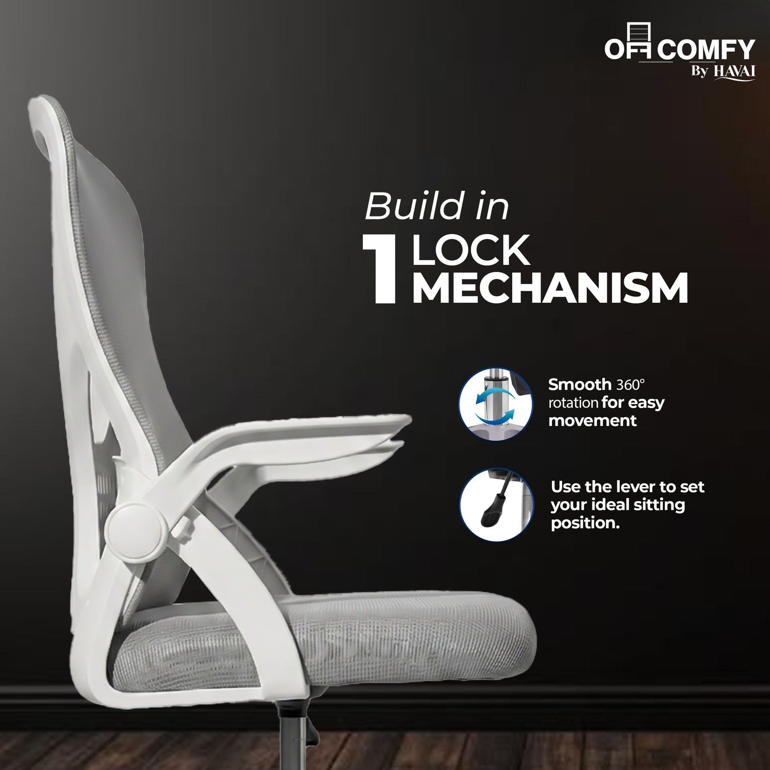 HAVAI Aero Grey Ergonomic Office Chair | Premium Net Cloth Fabric | Reclining &amp; Folding Back | 60D Recycled Foam + 24D Virgin Cotton | Nylon Armrests | Class 2 Gas Lift | 310 Nylon Base | 2-Inch Smooth Wheels | Grey