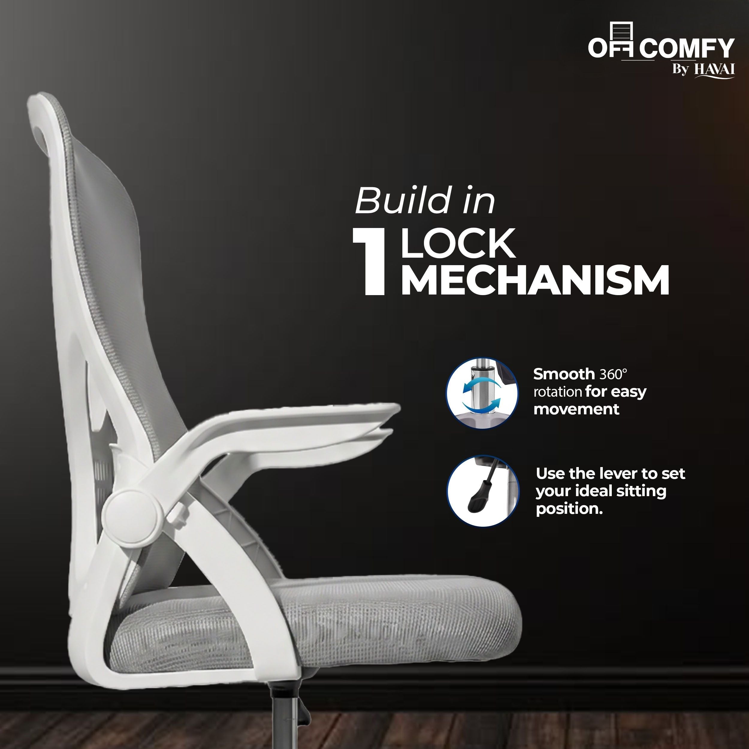 HAVAI Aero Grey Ergonomic Office Chair | Premium Net Cloth Fabric | Reclining &amp; Folding Back | 60D Recycled Foam + 24D Virgin Cotton | Nylon Armrests | Class 2 Gas Lift | 310 Nylon Base | 2-Inch Smooth Wheels | Grey