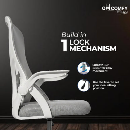 HAVAI Aero Grey Ergonomic Office Chair | Premium Net Cloth Fabric | Reclining &amp; Folding Back | 60D Recycled Foam + 24D Virgin Cotton | Nylon Armrests | Class 2 Gas Lift | 310 Nylon Base | 2-Inch Smooth Wheels | Grey