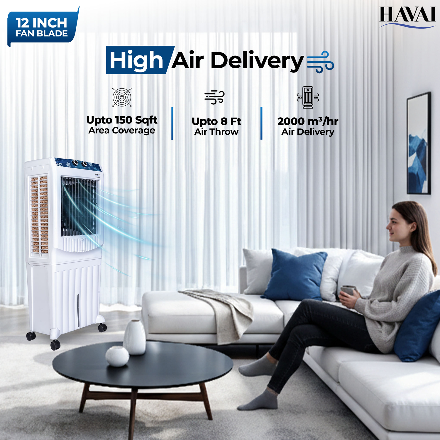 HAVAI Arizona 12 Personal Air Cooler | 12-Inch Fan | 60L Water Tank | Air Throw up to 8 Feet | 2000 m³/hr Air Delivery | 3-Side Honeycomb Pads | Motorised Louvers | Energy Efficient 120W | White