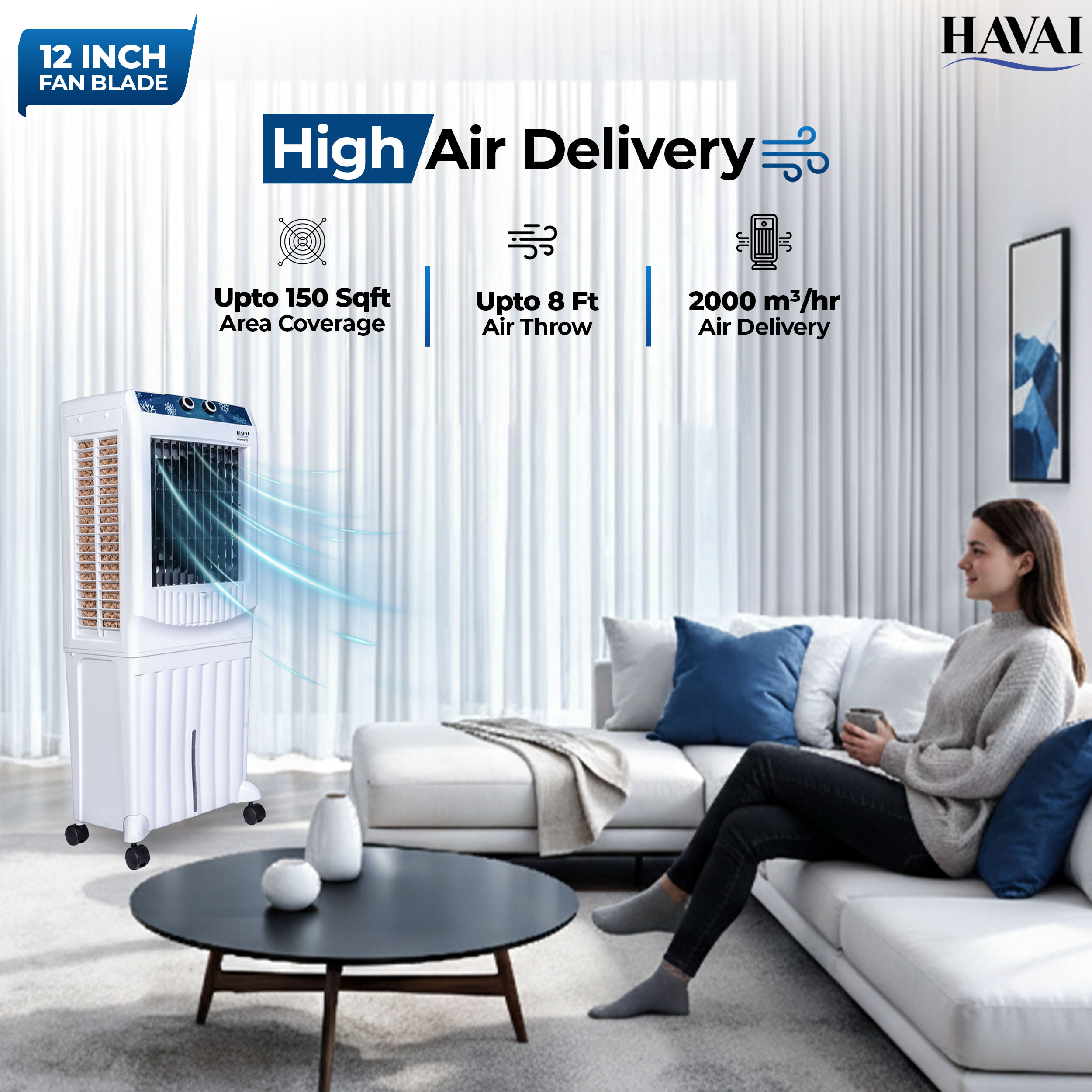 HAVAI Arizona 12 Personal Air Cooler | 12-Inch Fan | 60L Water Tank | Air Throw up to 8 Feet | 2000 m³/hr Air Delivery | 3-Side Honeycomb Pads | Motorised Louvers | Energy Efficient 120W | White
