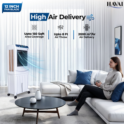 HAVAI Arizona 12 Personal Air Cooler | 12-Inch Fan | 60L Water Tank | Air Throw up to 8 Feet | 2000 m³/hr Air Delivery | 3-Side Honeycomb Pads | Motorised Louvers | Energy Efficient 120W | White