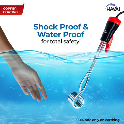 Havai Immersion Rod with Copper Coating |Rust Resistant | Instant Heating With Bucket Holder |ISI Certified 3 Pin Powerchord |Model Round Black Handle HAVIND005 | 1 Year Replacement Warranty (1500W)