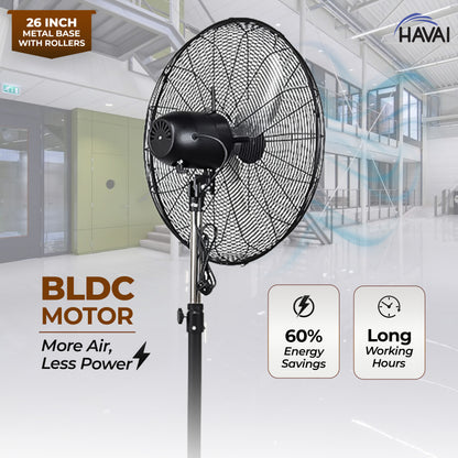 HAVAI 26-Inch Commercial BLDC Pedestal Fan (30–130W) | 2mm Aluminium Blades | Heavy-Duty Metal Base with 4 Lockable Industrial Wheels | Fingerproof Grill | High Airflow | 2-Year On-Site Warranty
