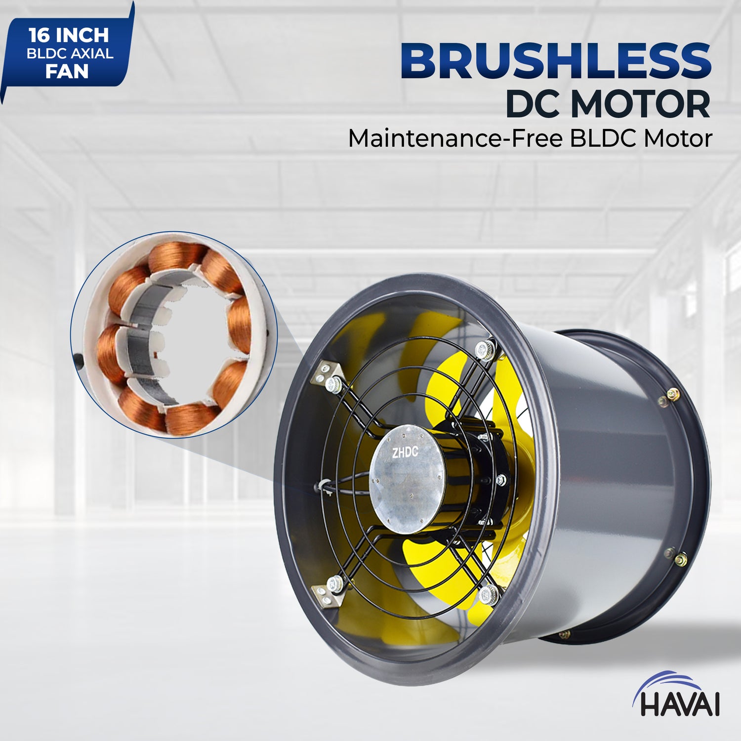 HAVAI 16-Inch Commercial BLDC Axial Fan | Stepless Speed Control | Low Noise | Aluminium Blade | 2000–6000 m³/h Air Volume | 40–80% Energy Saving | No Winding Burnouts | 2-Year BLDC Motor Warranty