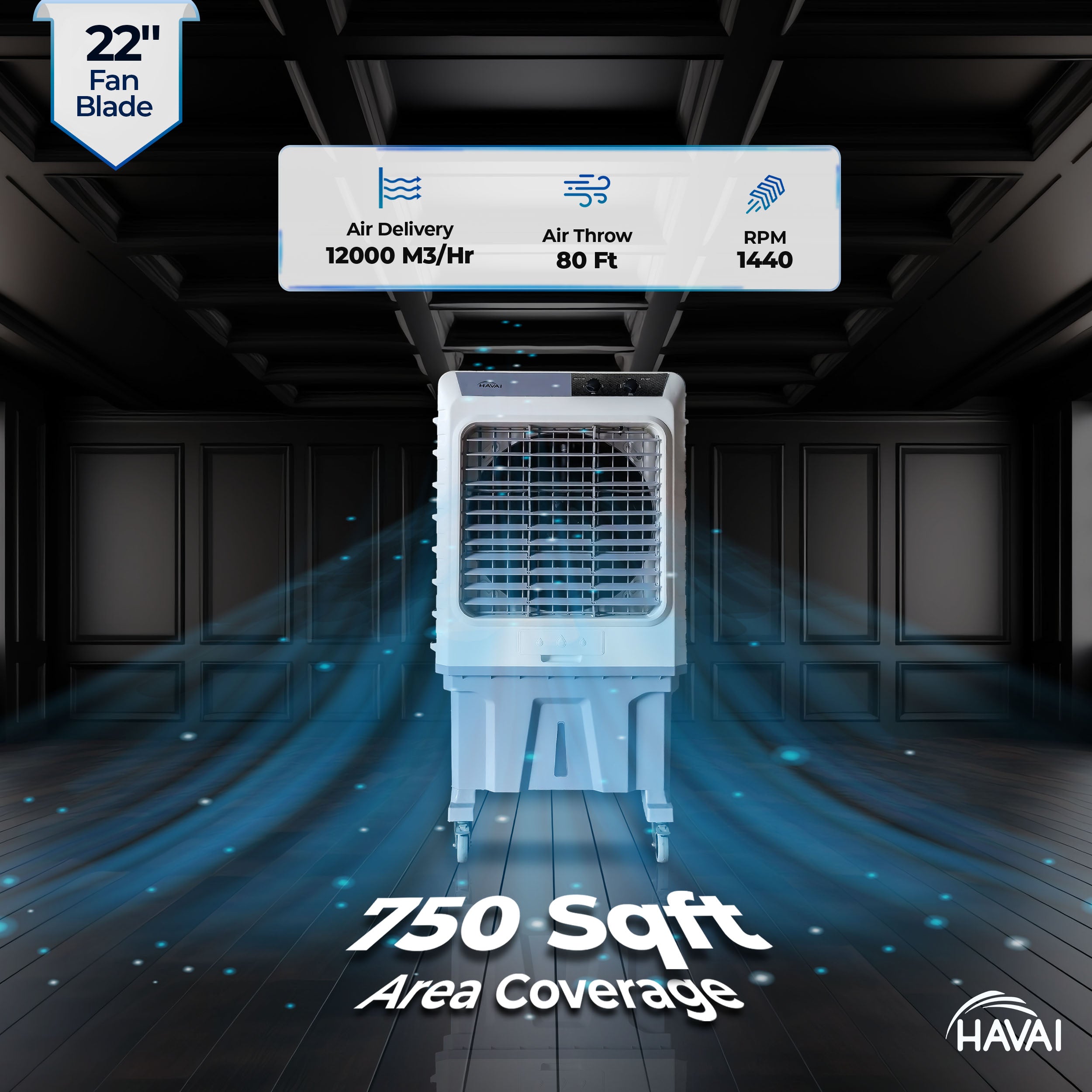 HAVAI Cyclone 24 Desert Air Cooler | 24&quot; Fan Blade | 150L Tank Capacity | 400W High-Performance Cooling | 750 Sq. Ft. Coverage | Auto Swing | Three Side Honeycomb Pads | Lockable Wheels | Grey