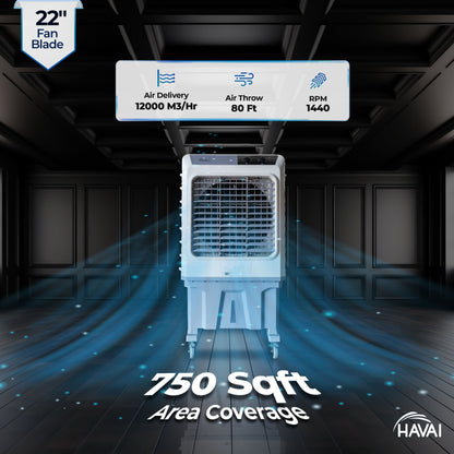 HAVAI Cyclone 24 Desert Air Cooler | 24&quot; Fan Blade | 150L Tank Capacity | 400W High-Performance Cooling | 750 Sq. Ft. Coverage | Auto Swing | Three Side Honeycomb Pads | Lockable Wheels | Grey