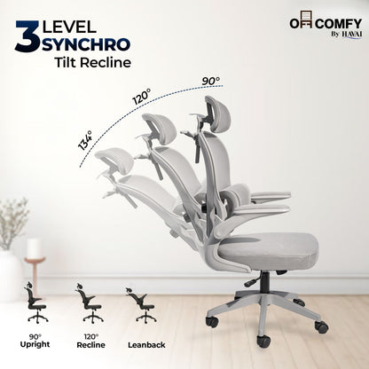 HAVAI Velmora Ergonomic Office Chair | High Back Mesh Chair with Reclining Mechanism, Adjustable Armrest, Headrest &amp; Lumbar Support | Nylon Base &amp; Wheels | Executive/WFH Chair (Grey)