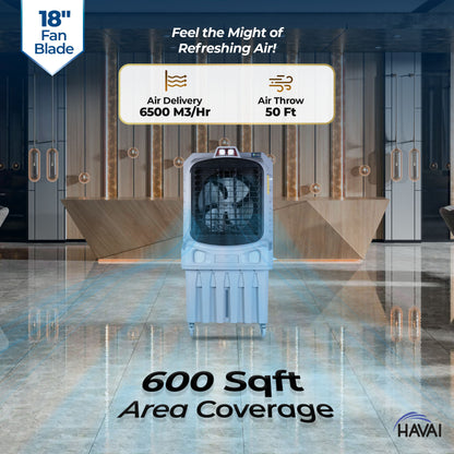 Havai Mighty 18&quot; Air Cooler | 18 Inch Blade | 110L Tank Capacity | 210W Power | 600 Sqft Coverage | Auto Swing | Back Honeycomb | Clockwise | Lockable Wheels
