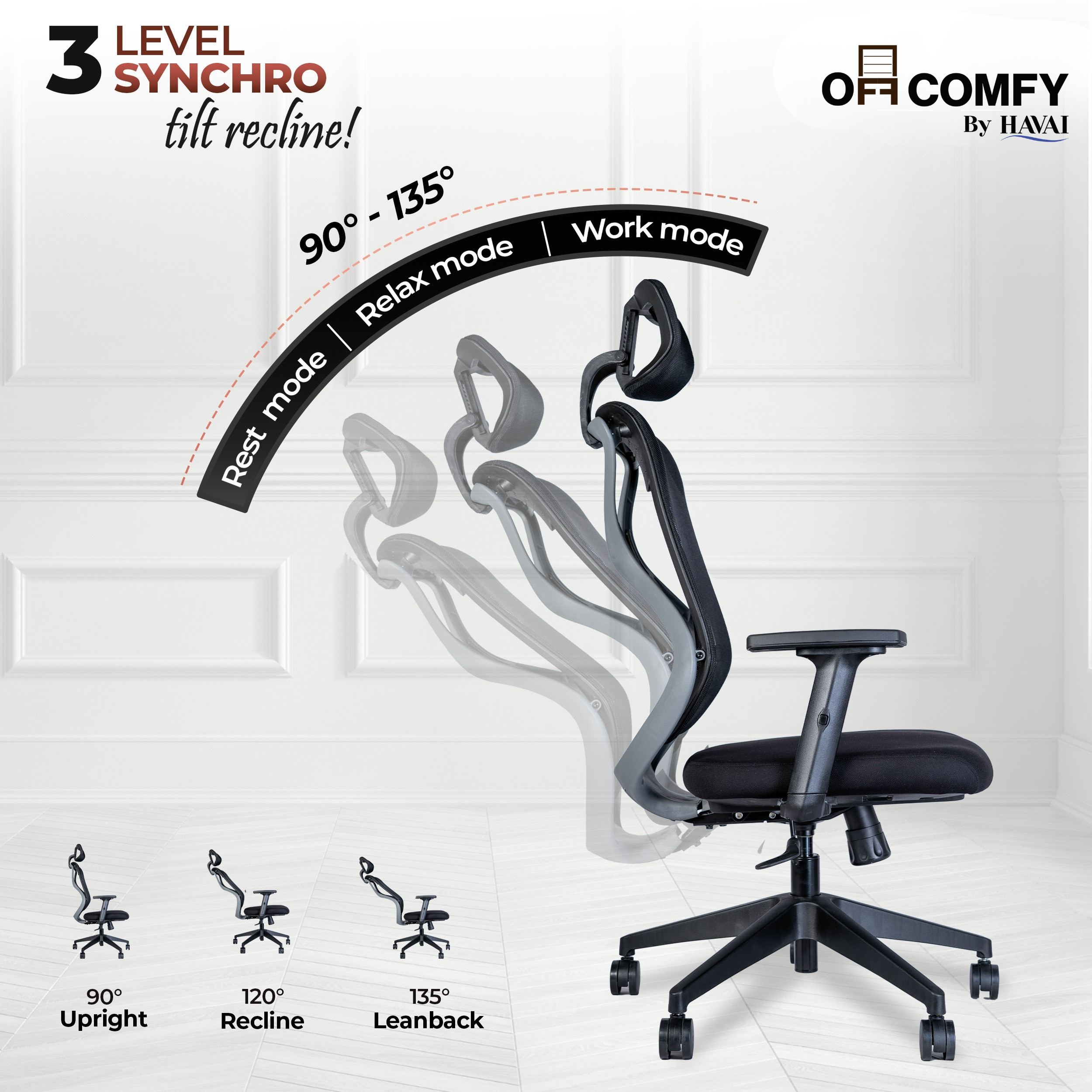 Off Comfy by HAVAI - Titan Lite Black Chair |  Korean Mesh | 2D Arms | Lumbar |  Seat Slider | Gaslift | Chrome Base | 60mm Castors