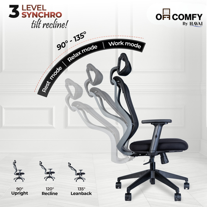 Off Comfy by HAVAI - Titan Lite Black Chair |  Korean Mesh | 2D Arms | Lumbar |  Seat Slider | Gaslift | Chrome Base | 60mm Castors