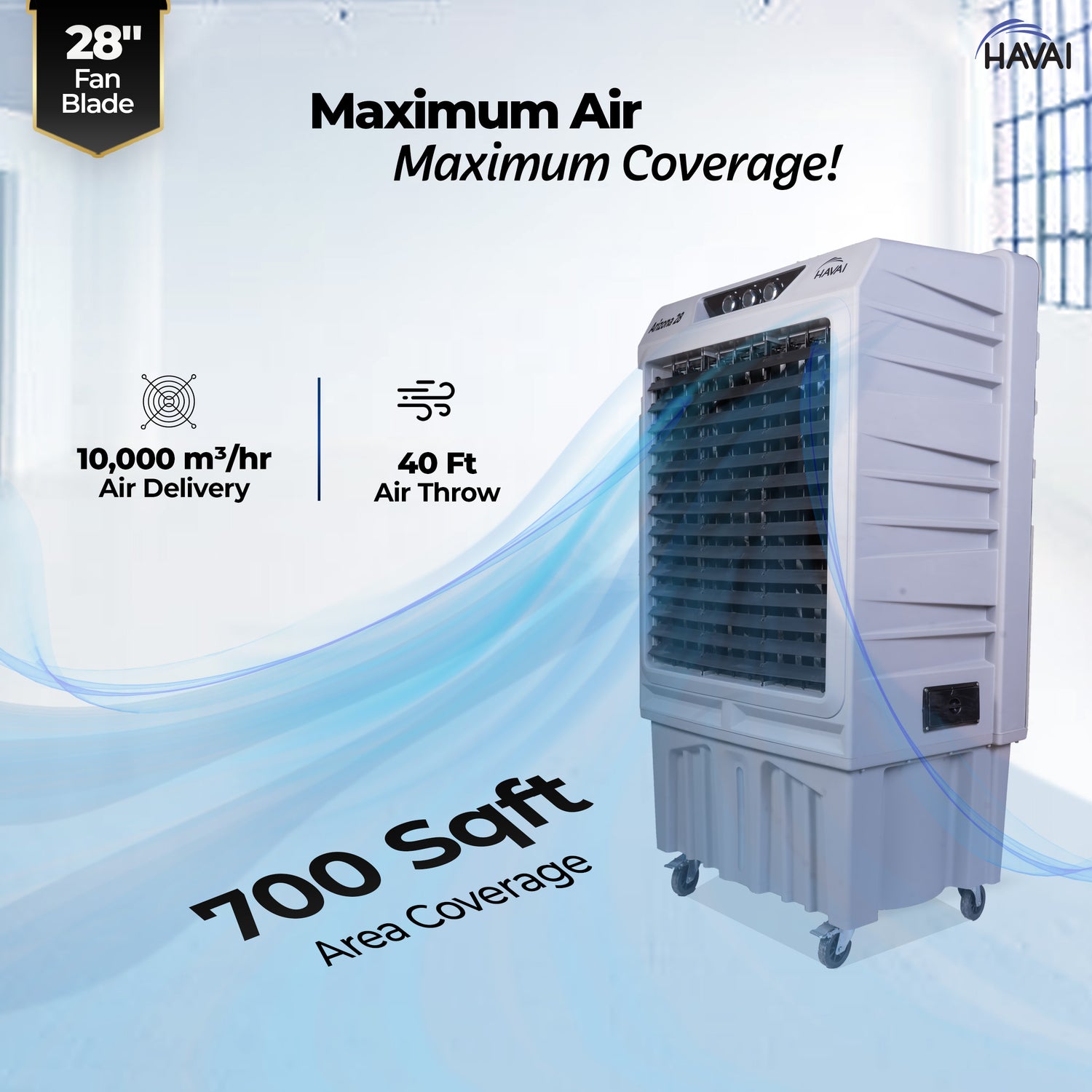 HAVAI Arizona 28 Industrial &amp; Commercial Air Cooler | 28-Inch Engineered 3-Leaf Blade | 10,000 m³/hr Air Delivery | 150L Tank | 500W Motor | 40 Ft Air Throw | Covers 700 Sq. Ft. | Finger Pull Drain Plug | 1-Year Warranty