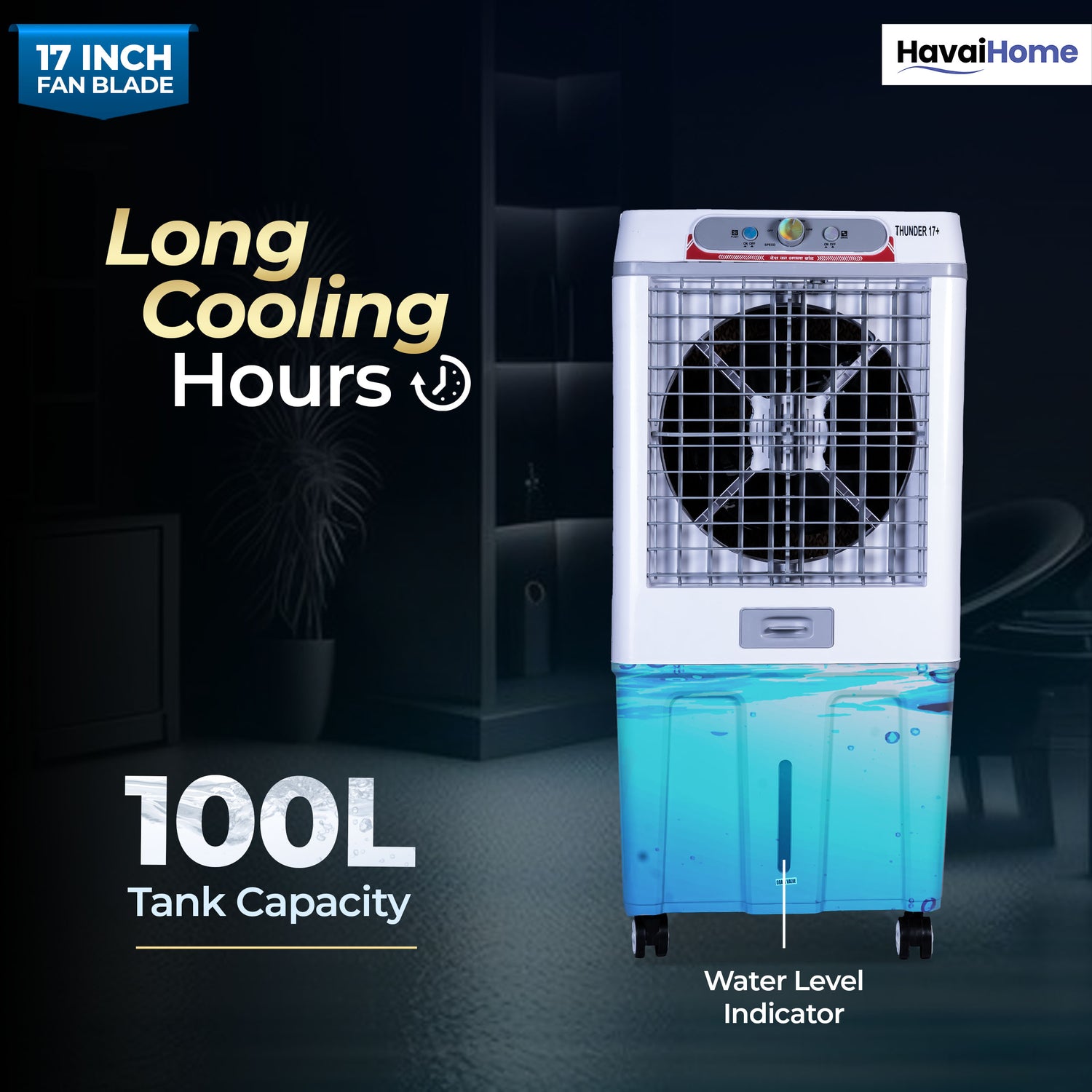 HAVAI Thunder 17+ Desert Cooler | 100L Tank | 17-Inch Fan Blade | 3-Side Honeycomb Pads | Heavy-Duty 110 Dia 32mm Motor | Auto Swing | 1-Year Motor Warranty &amp; Post-Warranty Service | White &amp; Brown