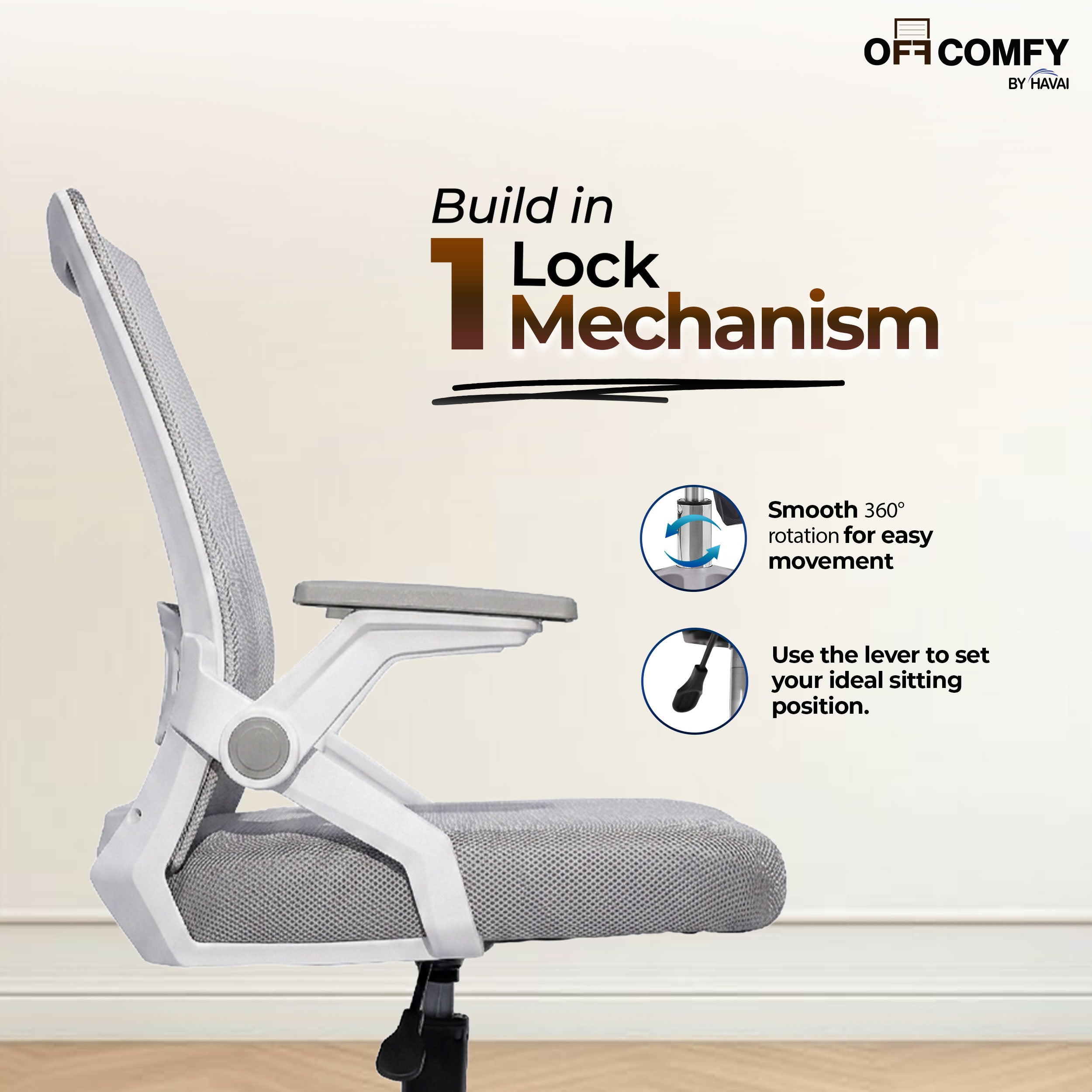 HAVAI Airon Ergonomic Office Chair with Mesh Back | Executive Computer Chair with Reclining &amp; Folding Function | Nylon Armrests | Class 2 Gas Lift | Plywood Base Support | Grey Seat | WFH &amp; Office Use | (Grey)