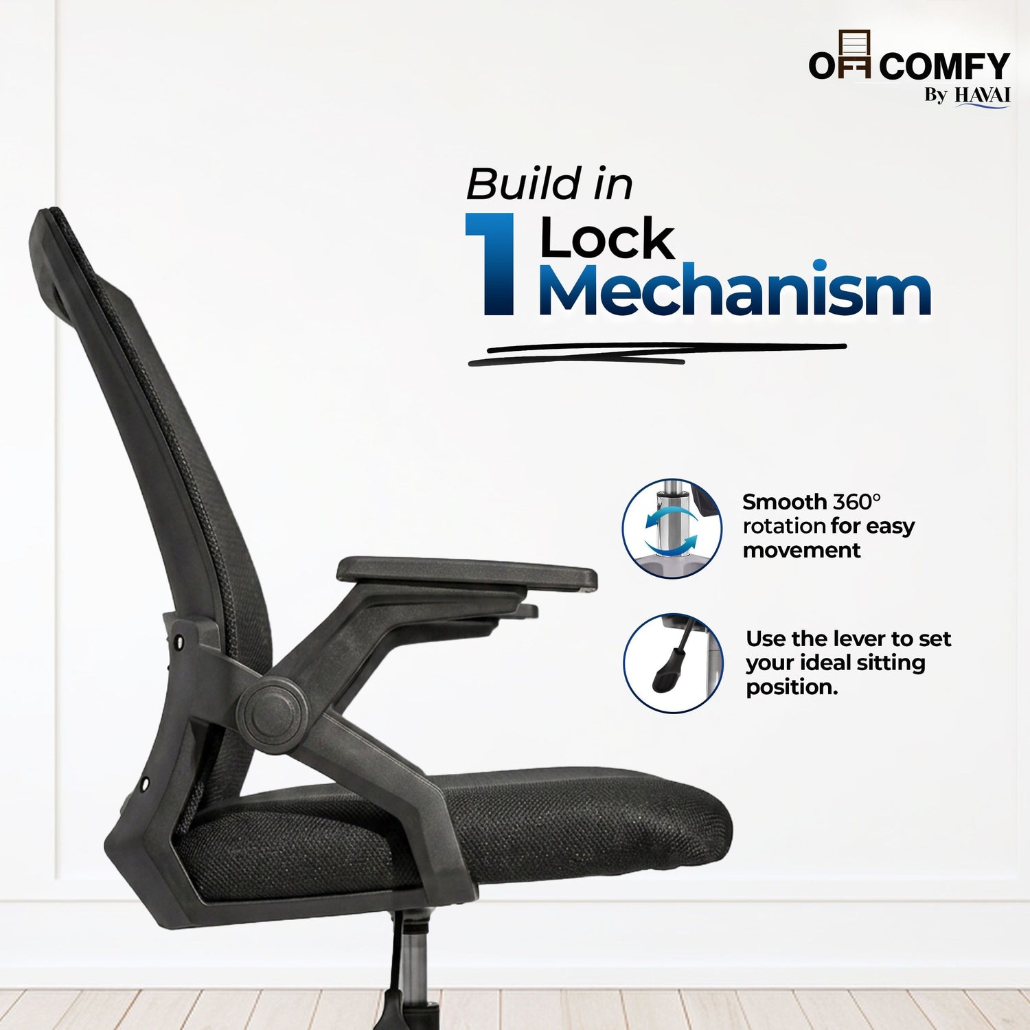 HAVAI Airon Ergonomic Office Chair with Mesh Back | Executive Computer Chair with Reclining &amp; Folding Function | Nylon Armrests | Class 2 Gas Lift | Plywood Base Support | Grey Seat | WFH &amp; Office Use | (Black)